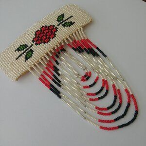 Vintage made in France large beaded leather hair clip red black white flower